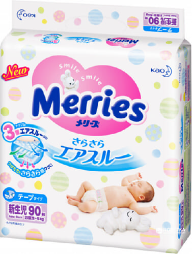 Подгузники MERRIES  для новорожденных (5 кг) 90 штук.