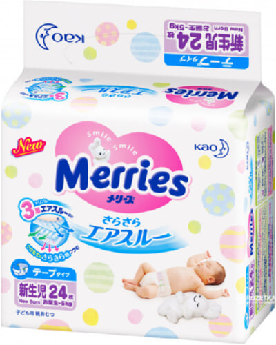 Подгузники MERRIES для новорожденных (5 кг)  24 штуки