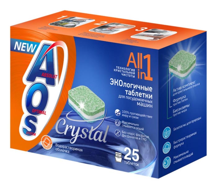 Таблетки для посудомоечной машины AOS Crystal 25 штук.